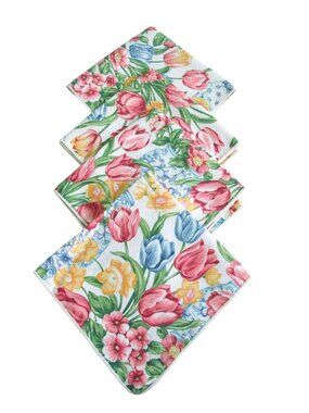 Easter Delft Bunny Floral Tulip Spring Polyester Napkin Set of Four Taiwan 1997